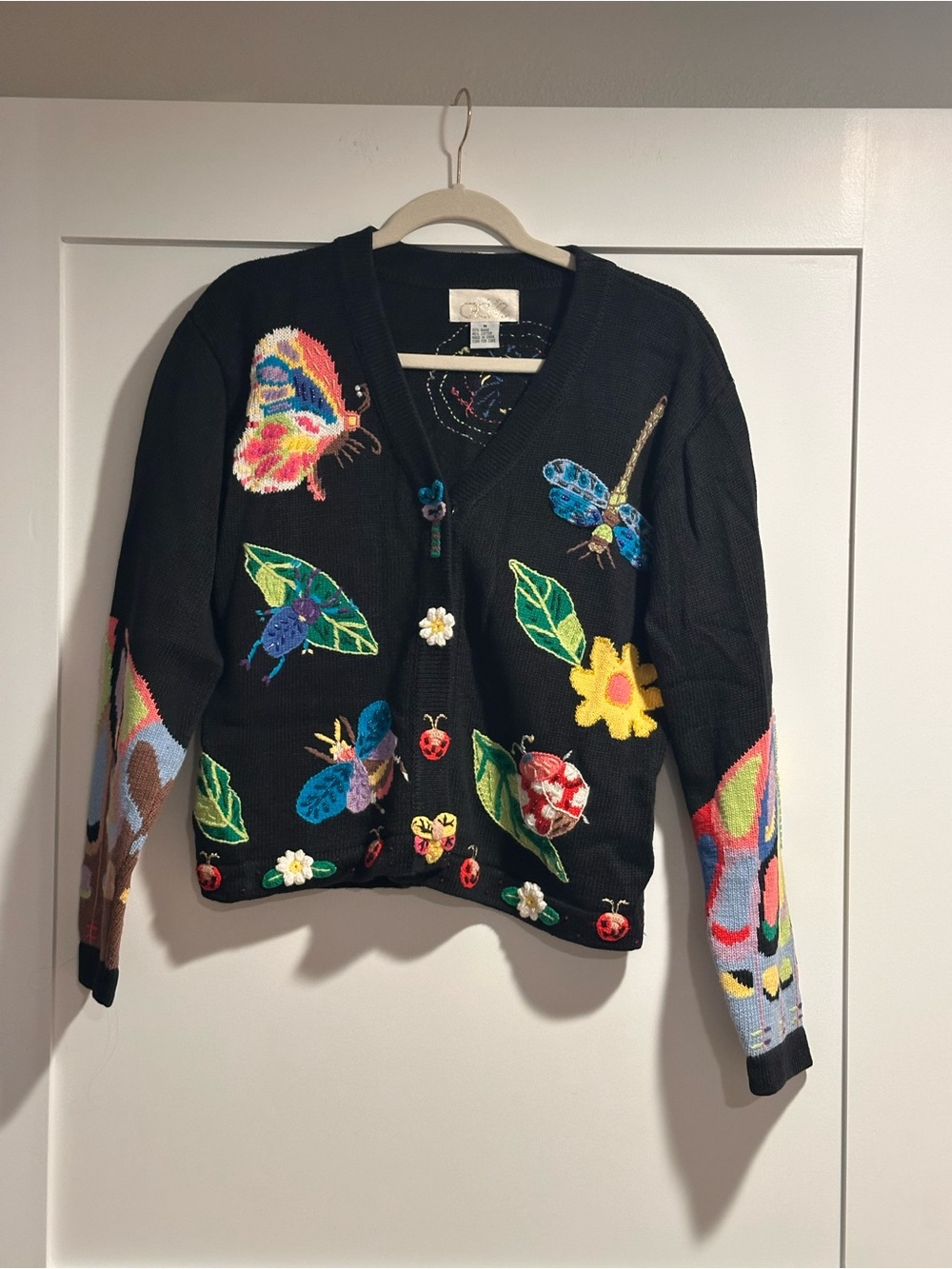 Caché Whimsical Floral & Bug Embroidered Black Cardigan